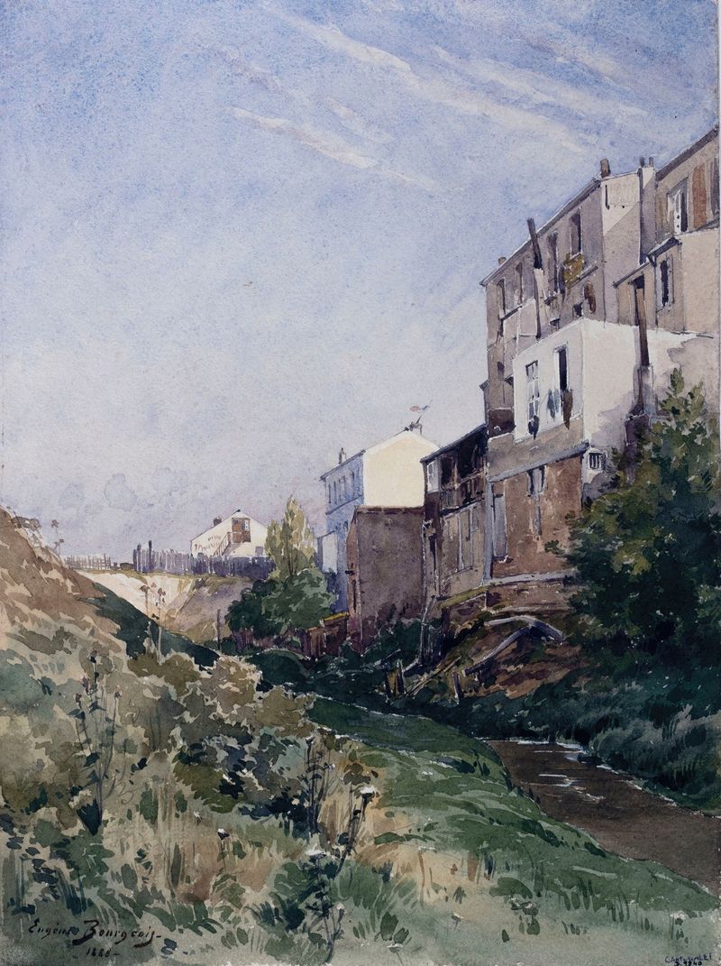 Rue de la Fontaine à Mulard by Eugène Bourgeois, oil painting depicting a cobblestone street at night.
