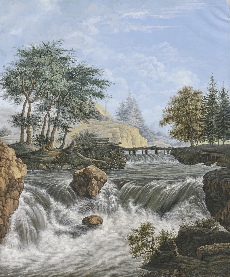 Waterfall in the mountains with pine trees by Johann David Passavant, oil painting