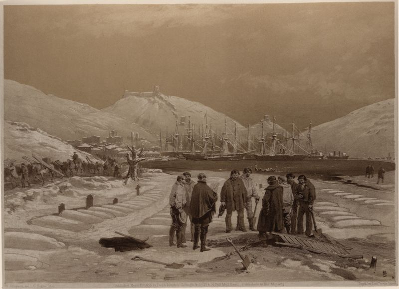 Graves at the head of the harbour of Balaklava de William Simpson, pintura al óleo que muestra lápidas en un paisaje.