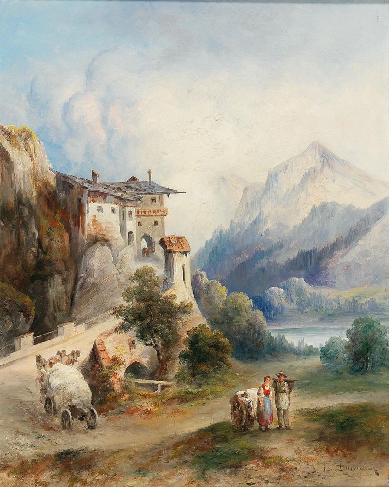 Landscape featuring soft greens and browns by Emil Barbarini, Romanticism