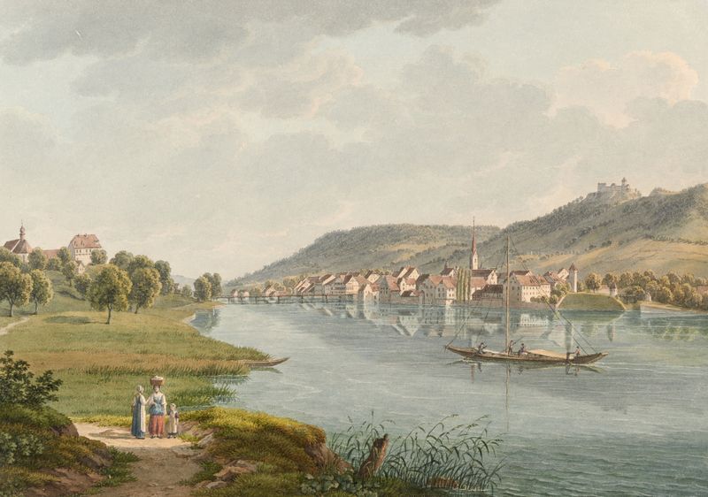 Landscape of Stein with river, oil painting by Johann Heinrich Luttringhausen