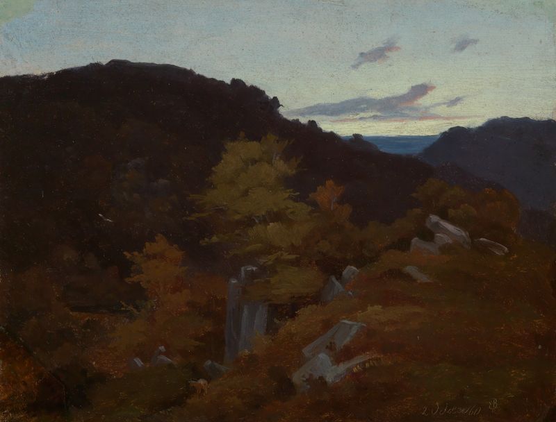 Landschaft bei Bernau de Eugen Bracht, óleo sobre tela representando colinas e um céu sereno.
