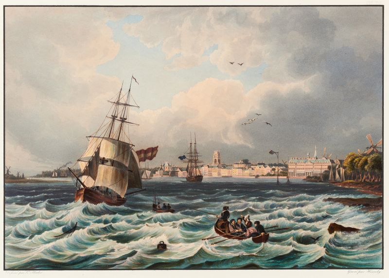 Vue de la ville de Rotterdam de Johann Ludwig Bleuler, representando una escena de puerto en un medio desconocido.