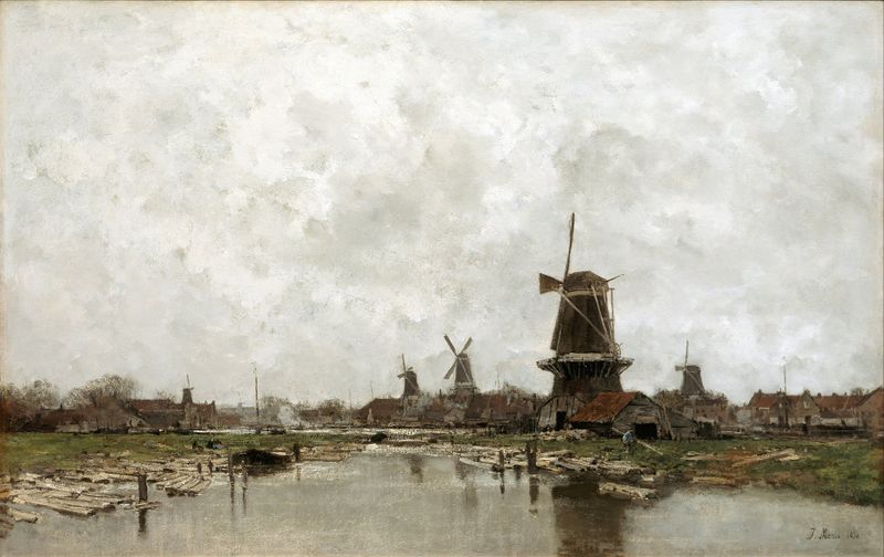 Los Cinco Molinos de Jacob Maris, pintura al óleo que muestra molinos de viento en un paisaje vibrante