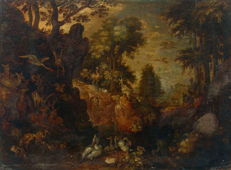 A rocky wooded landscape with deer and birds, oil on panel by Roelant Savery