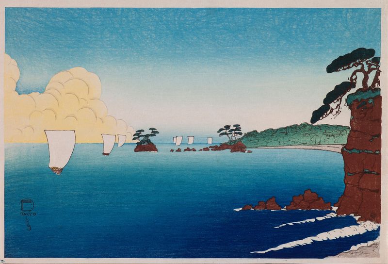 As Ilhas em Matsushima de Friedrich Capelari, óleo sobre tela mostrando ilhas e água serena.