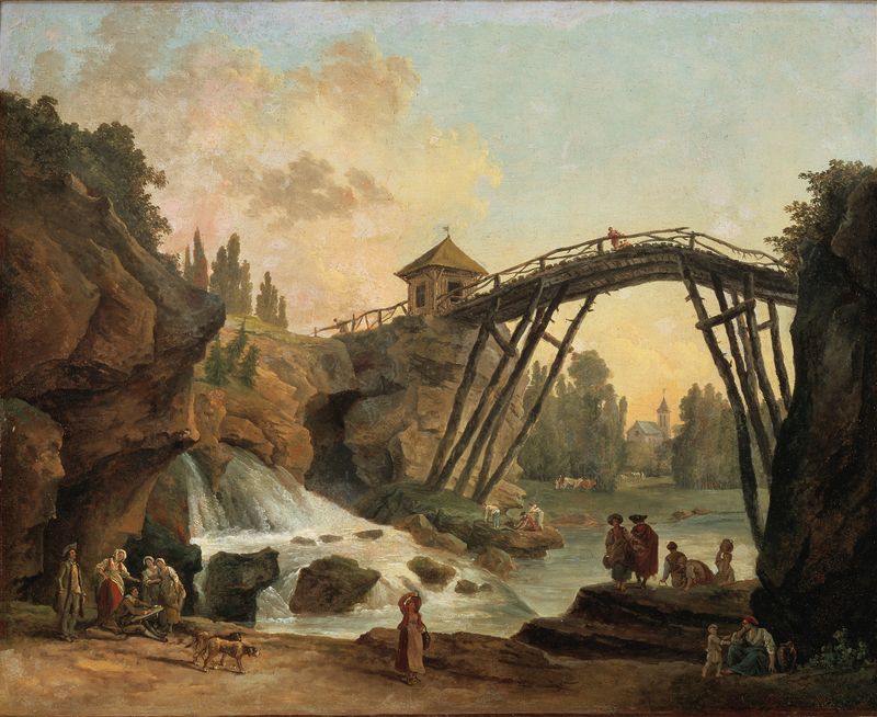 Draughtsman drawing a wooden bridge in a park, oil on canvas by Hubert Robert
