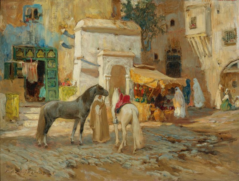 The Market Square by Frederick Arthur Bridgman, oil on canvas depicting a lively market scene.