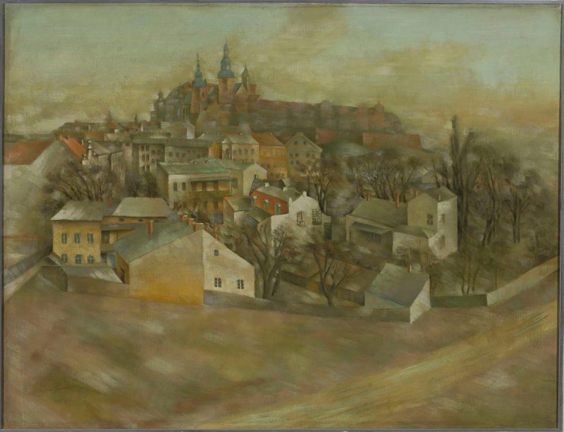 Castelo de Wawel em uma paisagem romântica, pintura a óleo de Jacek Mierzejewski
