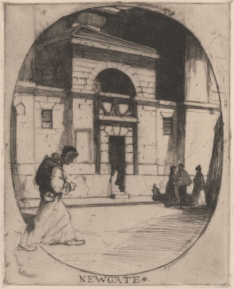 Gravura de David Young Cameron representando a prisão de Newgate com sombras e luz.