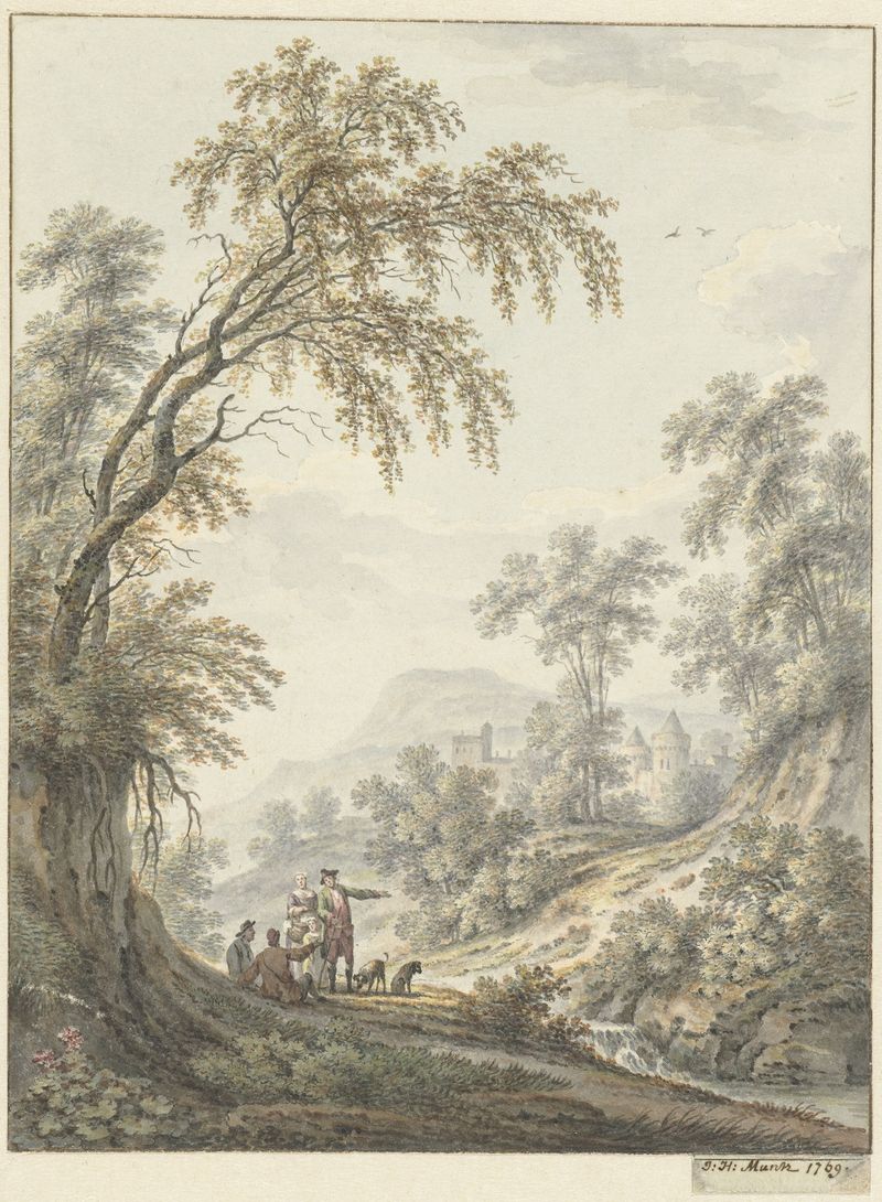 Landscape with waterfall and castle in the distance, oil painting by Johann Heinrich Müntz