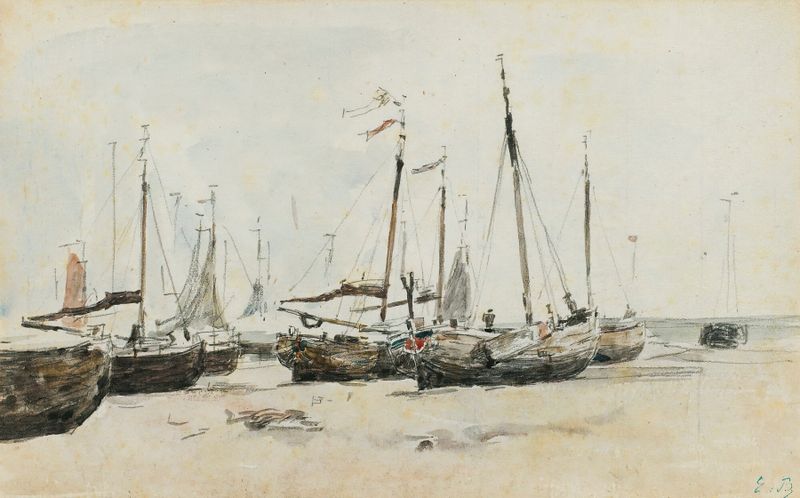 Les Bateaux de Eugène Boudin, pintura al óleo de barcos en el agua con colores pastel.