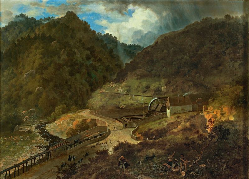 Landscape oil painting by Eugenio Landesio depicting mountains and a village