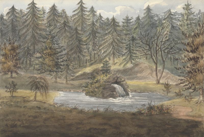 Aquarela de Anne Rushout mostrando uma piscina e uma cachoeira cercadas por vegetação exuberante.