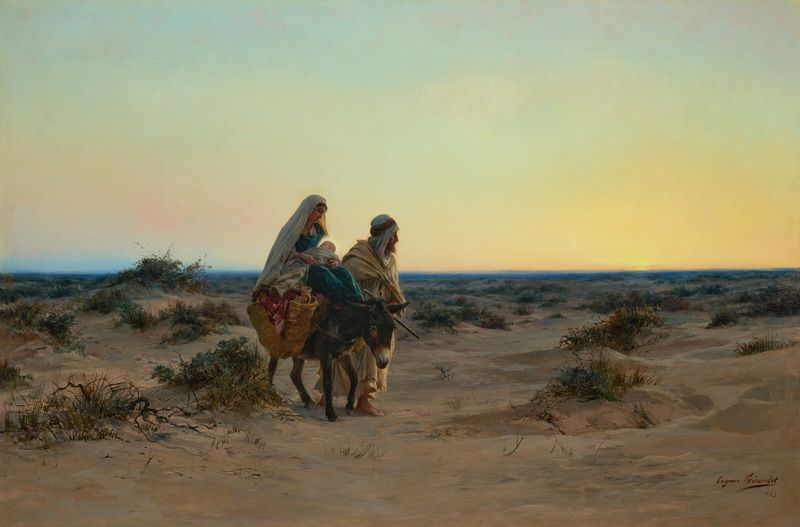 La Huida a Egipto, óleo de Eugene Alexis Girardet, mostrando a María y José en un paisaje tranquilo.