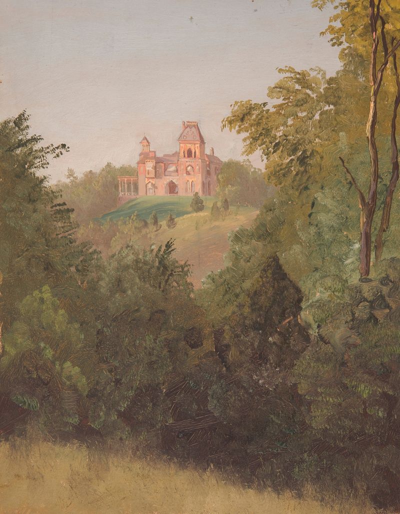 Paisaje de Frederic Edwin Church, óleo que representa colinas onduladas y un cielo vibrante