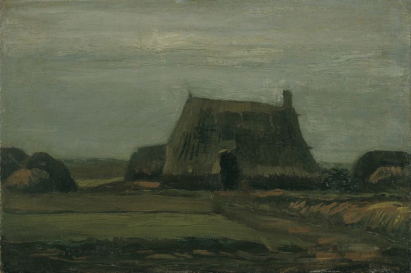 Farm with stacks of peat de Vincent van Gogh, óleo sobre lienzo, que representa un paisaje rural con tonos terrosos.