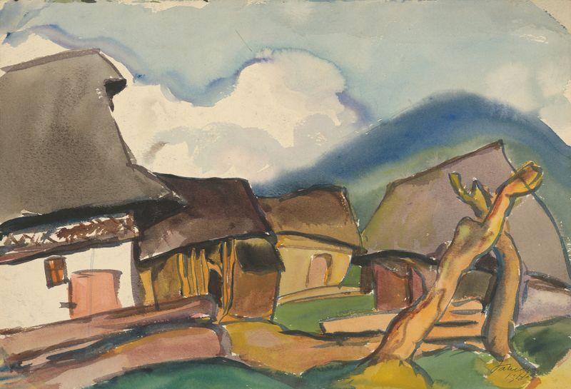Cena de gênero representando uma aldeia com casas de Zolo Palugyay, 1929