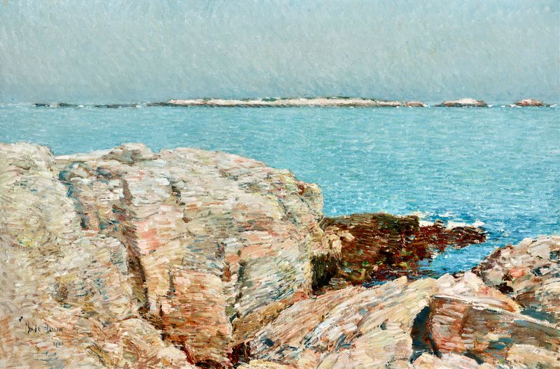 Duck Island de Childe Hassam, pintura a óleo que retrata uma paisagem tranquila com reflexos na água.