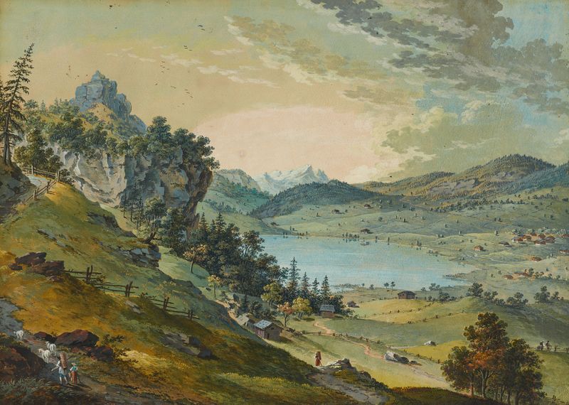 Lago tranquilo com reflexos, pintura a óleo de Franz Niklaus König