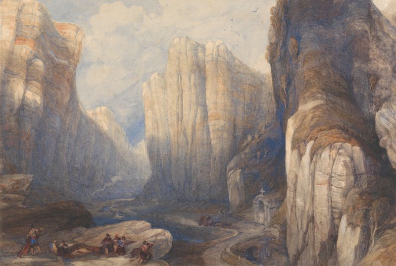 El Paso de Pancorbo de David Roberts, óleo sobre lienzo que muestra montañas bajo un cielo crepuscular