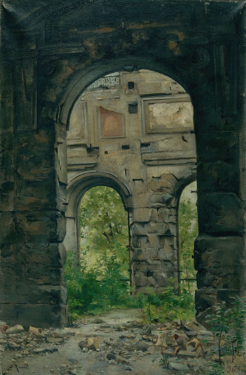 Interior view of ancient Cour des comptes ruins, ink on paper by Georges Rouard