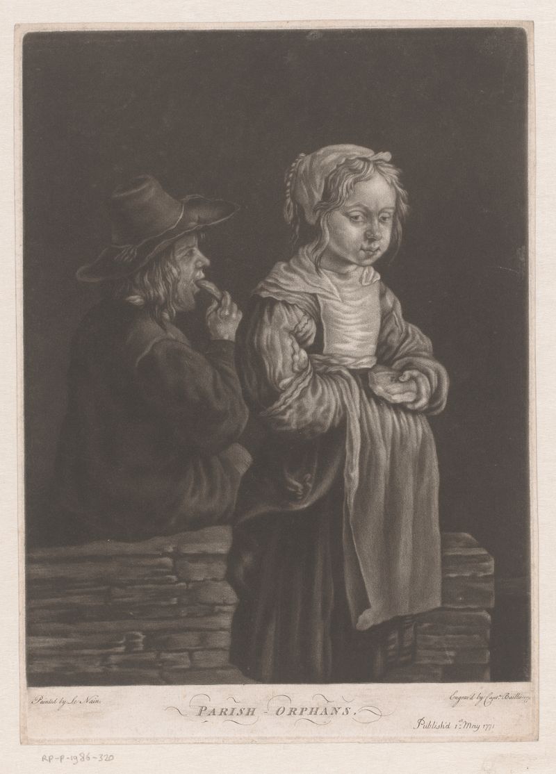 Figurative drawing of two children holding bread, paper, by William Baillie