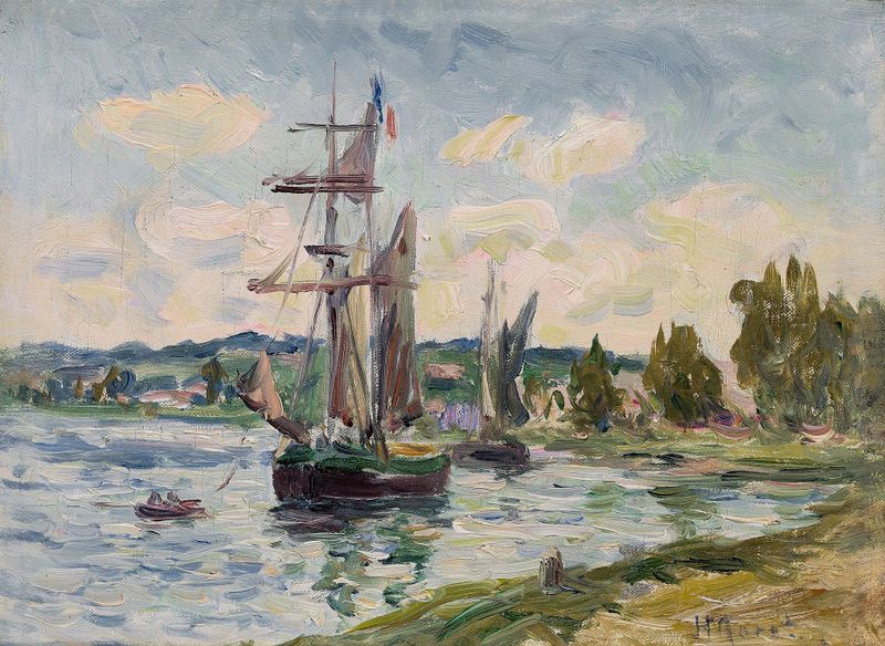 Bateaux dans la rade pintura al óleo de Henry Moret que muestra barcos en un puerto tranquilo