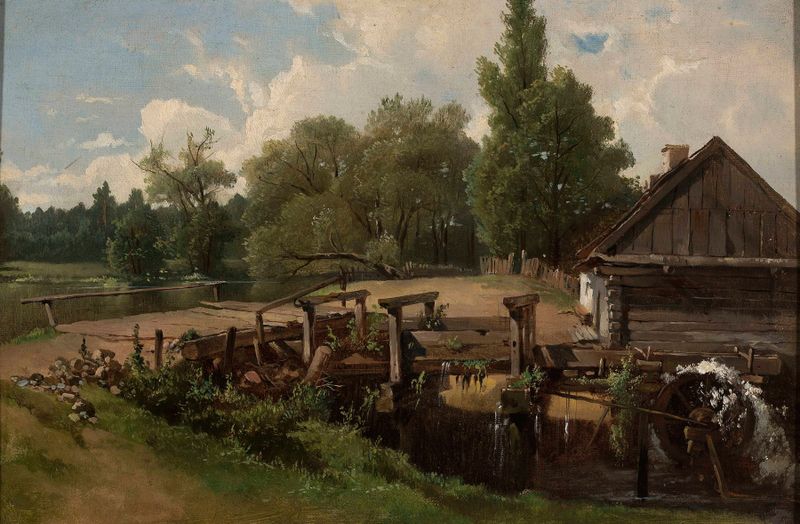 Óleo sobre lienzo de Józef Brodowski que representa un molino en un paisaje natural.