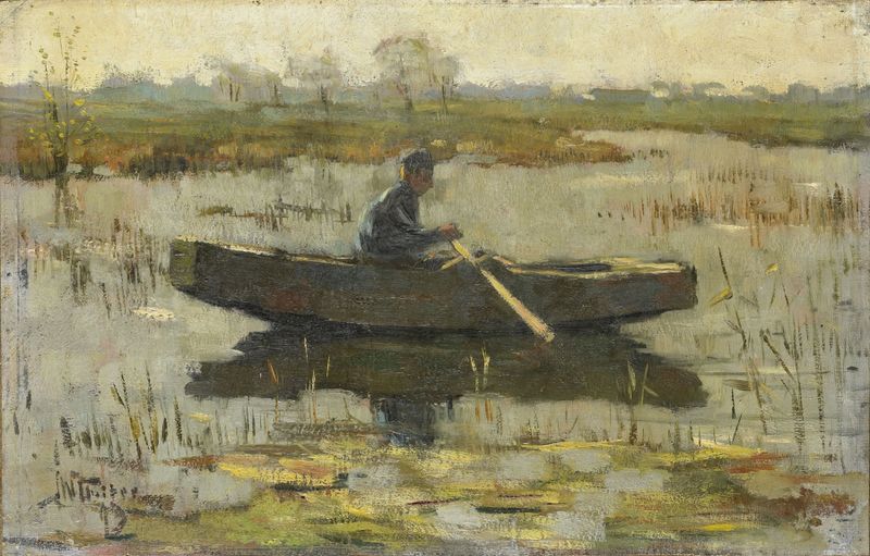 Pintura a óleo de Herman Wolbers mostrando um homem em um barco em água calma
