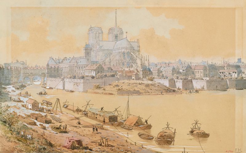 Pintura al óleo de Fédor Hoffbauer que muestra la fachada de la catedral de Notre-Dame con luz dorada.