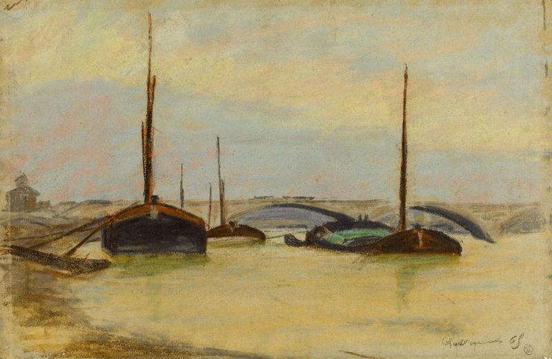 Péniches sur la Seine de Armand Guillaumin, pintura a óleo que mostra barcos no rio.