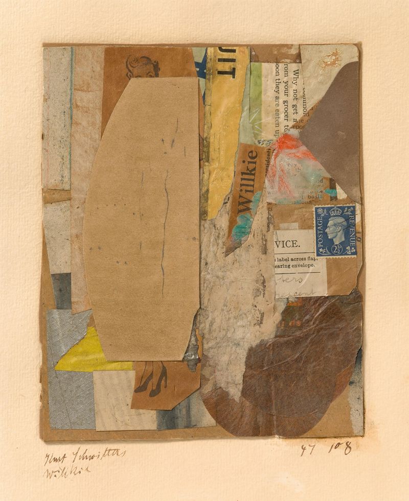 Collage by Kurt Schwitters featuring vibrant colors and abstract layers