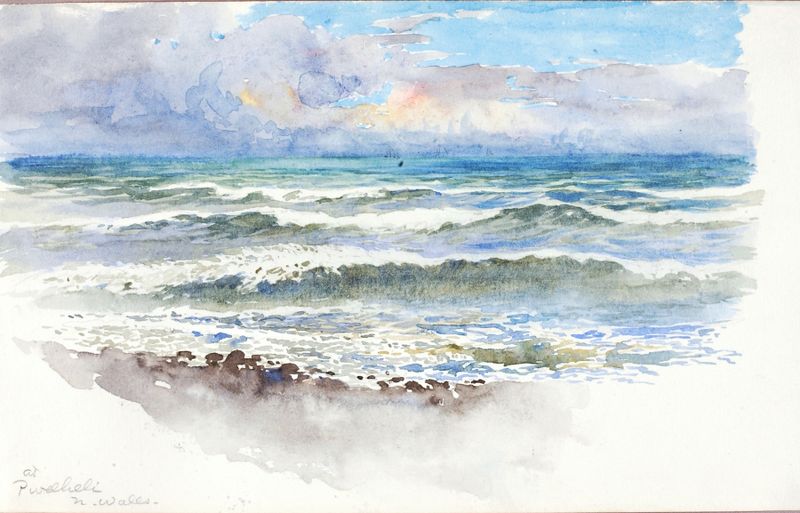 Paisagem ao crepúsculo da costa e do mar por George Elbert Burr, pintura a óleo
