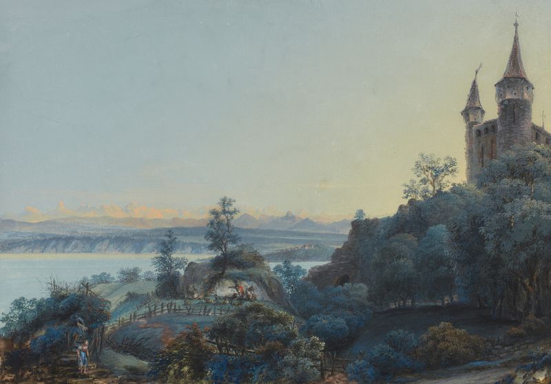 Landscape with a serene lake and mountains by Johann Baptist Stuntz, oil painting