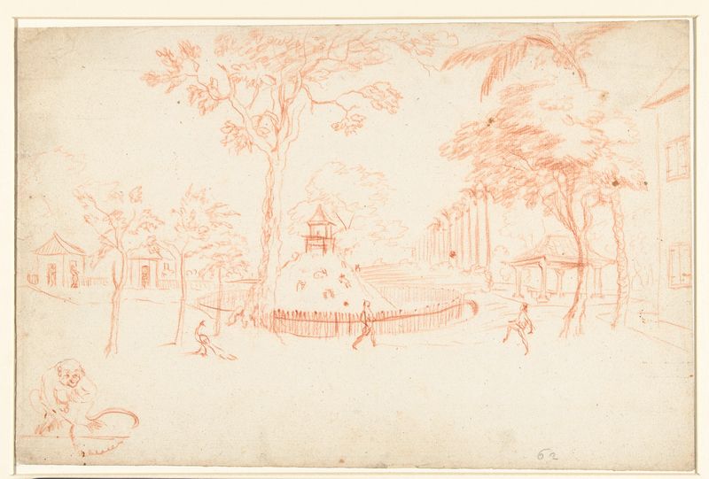 Dibujo de paisaje en papel de Unknown Artist que presenta una montaña y un valle.