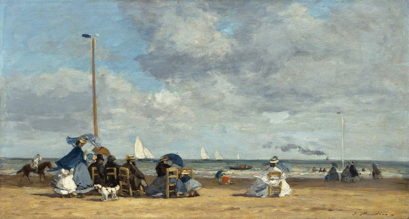 Beach at Trouville de Eugène Boudin, óleo sobre tela que retrata figuras na praia e ondas cintilantes.