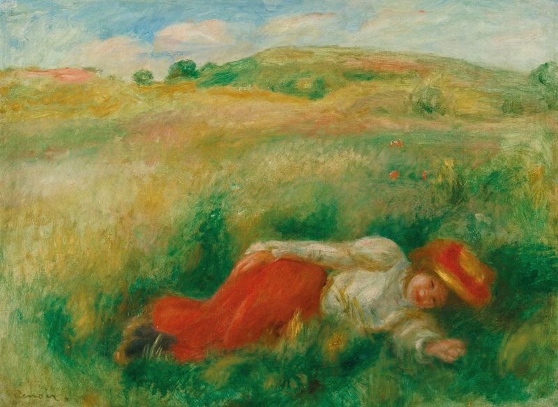 Femme Couchée Dans L’herbe de Pierre-Auguste Renoir, óleo de una mujer desnuda reclinada en la hierba.
