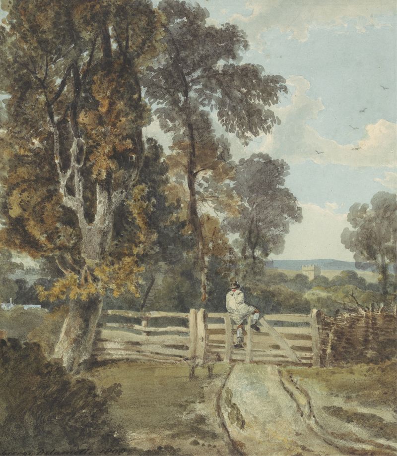 A Country Lane with a Farm Labourer Climbing a Five-bar Gate, watercolor on paper by George Delamotte