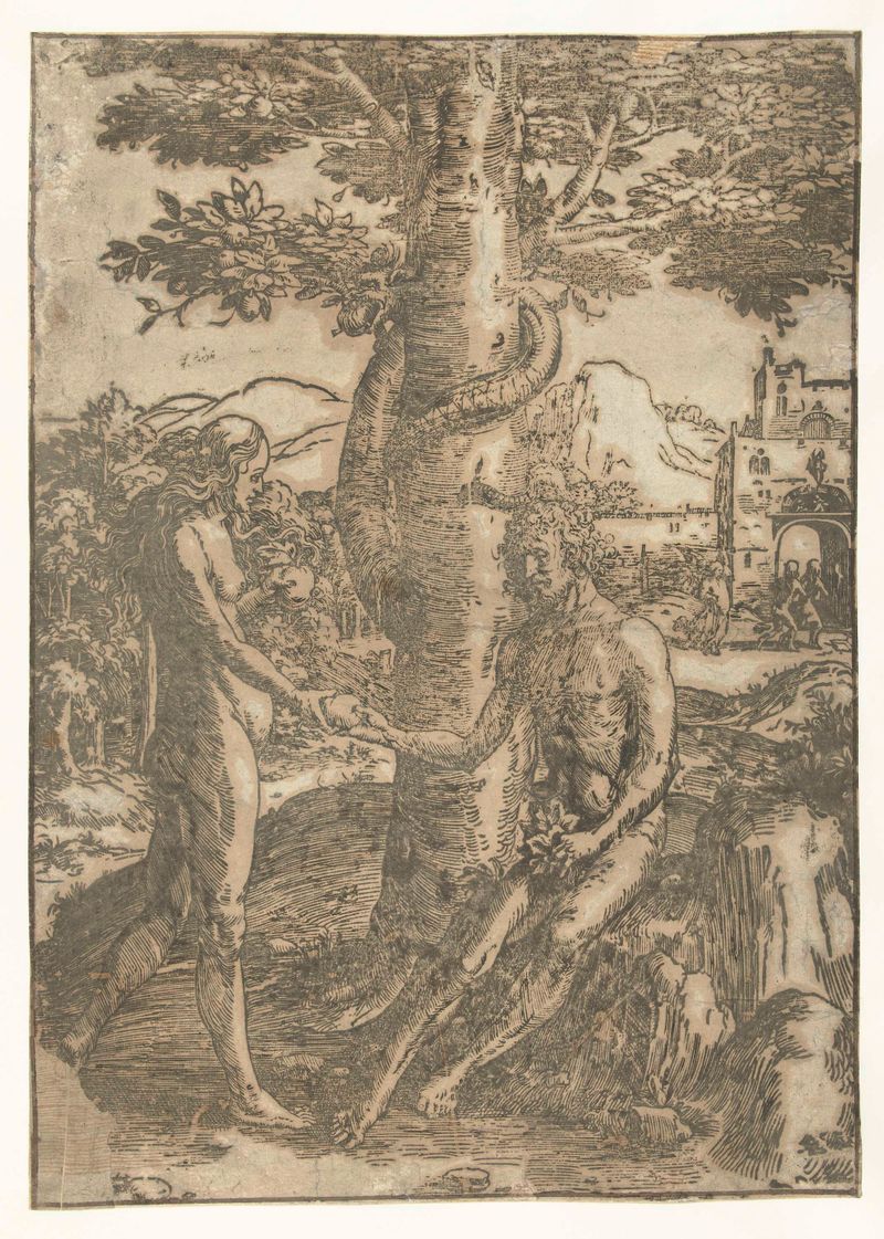 Grabado de Lucas van Leyden que muestra a Eva alcanzando el fruto prohibido.