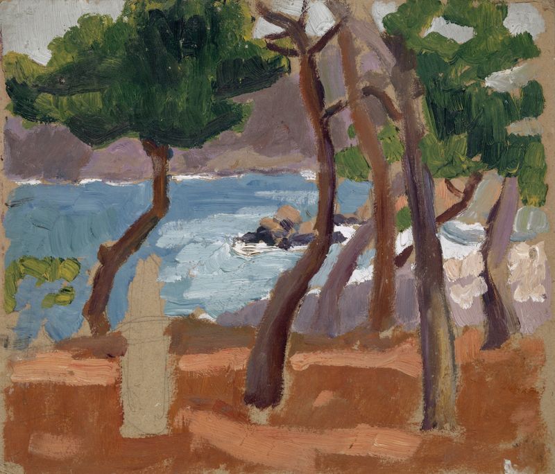 Grove At The Seaside, medio desconocido, de Unknown Artist, que representa un paisaje costero tranquilo con árboles.