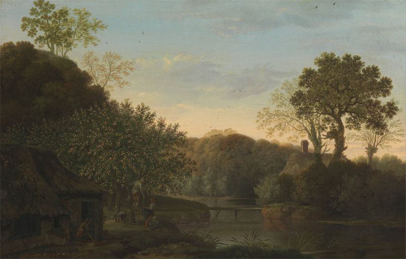 An autumn landscape with apple pickers, oil painting by George Smith