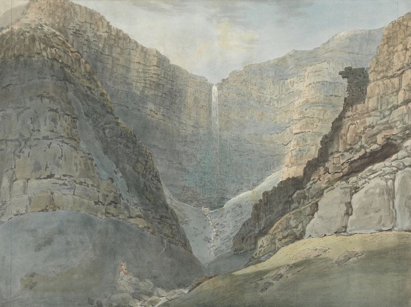 Garganta rocosa con una cascada, pintura al óleo de Samuel Davis
