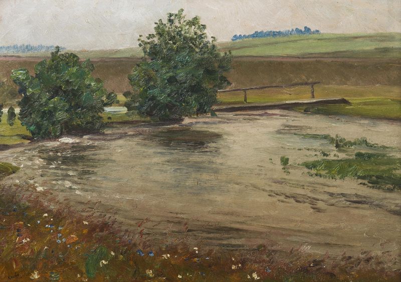 Spring Landscape by František Kaván, oil on canvas showing soft hills and tranquil nature.