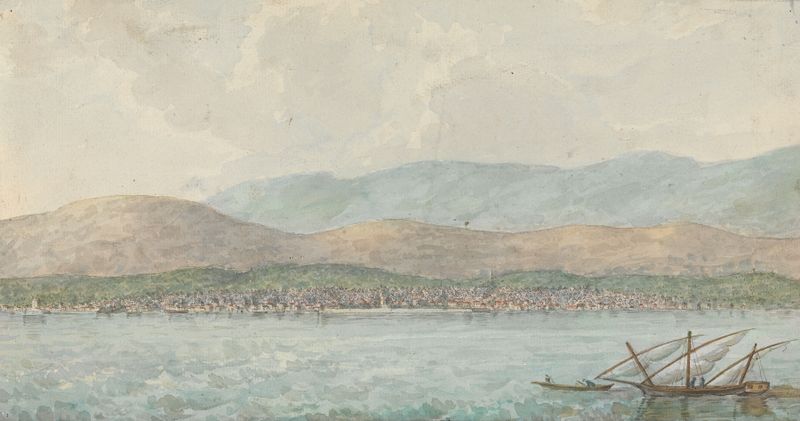 Marine scene depicting a harbor and town from the sea, oil painting by Willey Reveley