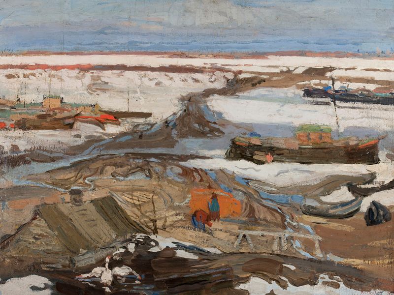 Paisaje de Vasily Nikolayevich Baksheyev, óleo sobre lienzo que representa un atardecer sereno con árboles y luz dorada.