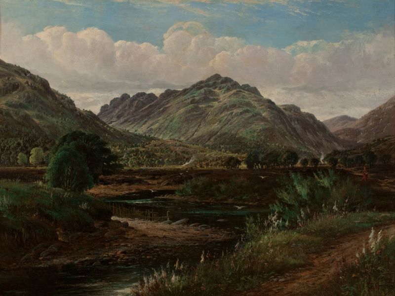 Paisaje de Glengoil de James M. Robert Greenlees, que muestra colinas y agua en suaves tonos.