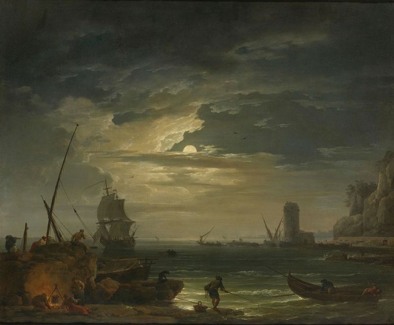 A Mediterranean Inlet By Moonlight, pintura al óleo de Claude-Joseph Vernet