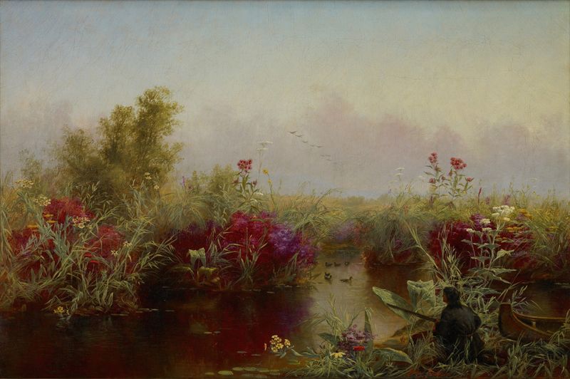 Duck Hunting de Jerome Thompson, óleo sobre lienzo que muestra figuras en un bote preparándose para la caza.