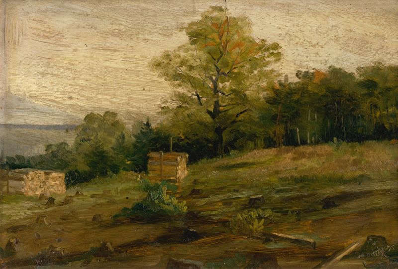 Paisagem com Lenha de Ľudovít Čordák, pintura a óleo que mostra lenha empilhada em tons terrosos